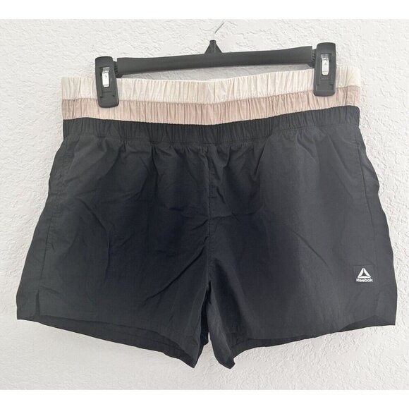 Reebok Womens Athletic Running Shorts M Black Wide Elastic Band Nylon Colorblock - Picture 1 of 12